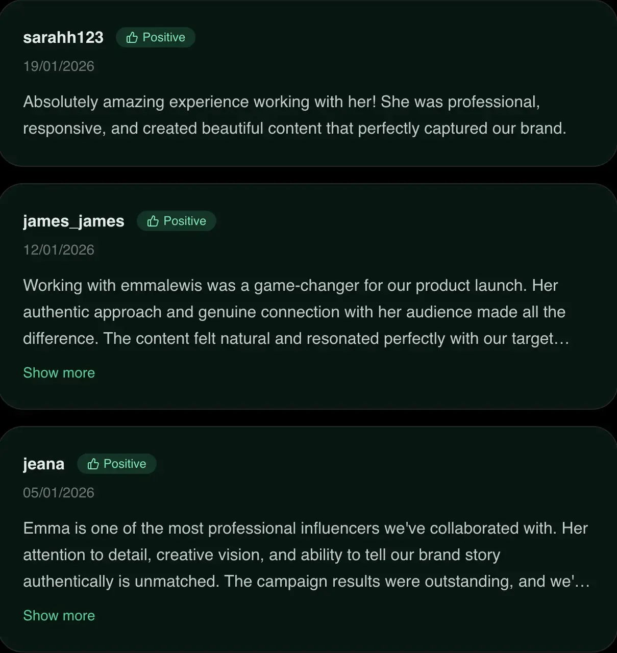 Influencer Reviews Page